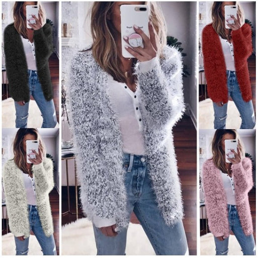 Plush Solid Color Women Cardigan Sweater