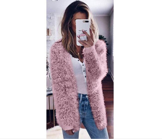 Plush Solid Color Women Cardigan Sweater