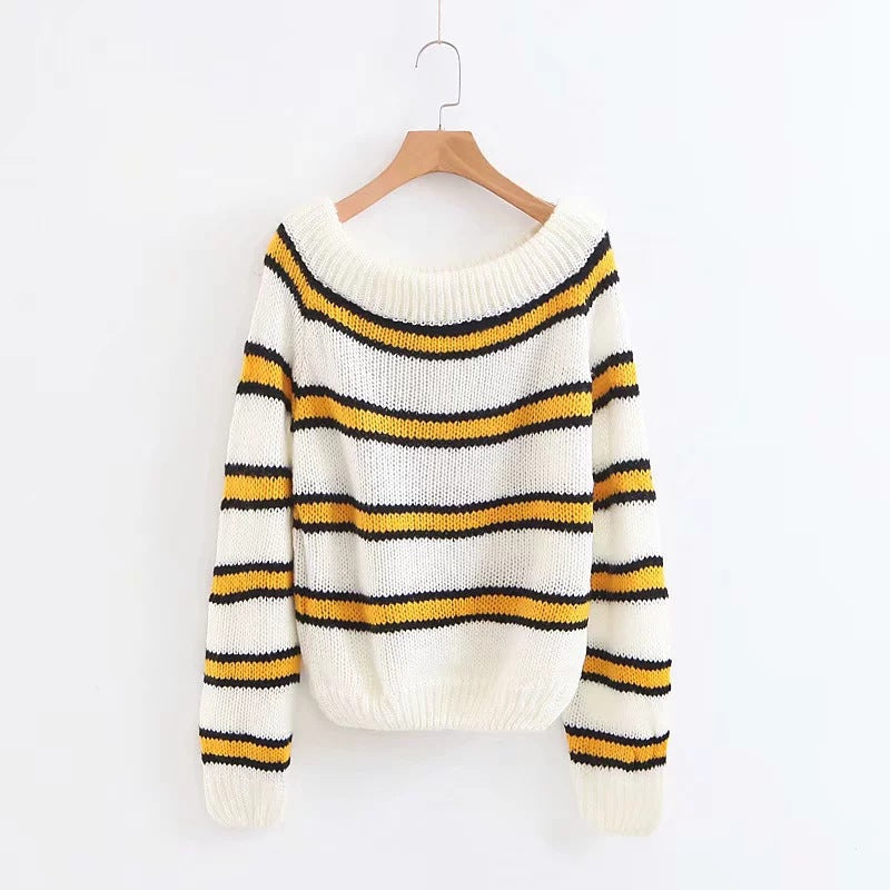 Off the Shoulder Stripe Knit Women Pullover Sweater