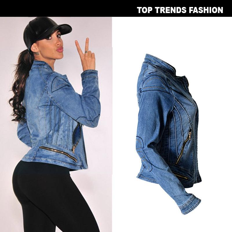 Stand Collar Zipper Women Motorcycle Short Denim Jacket