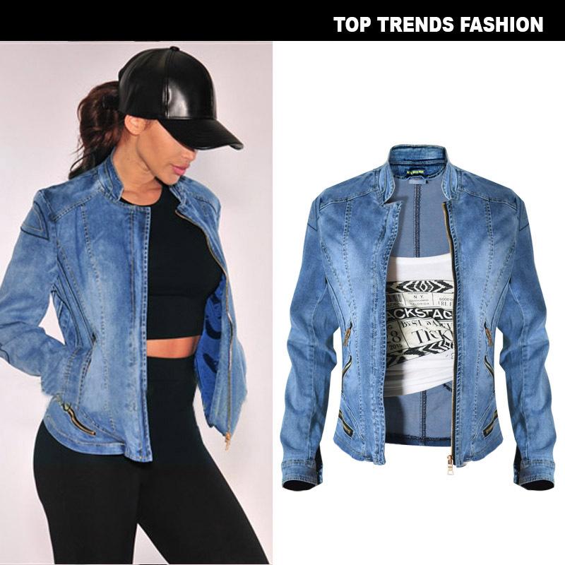 Stand Collar Zipper Women Motorcycle Short Denim Jacket