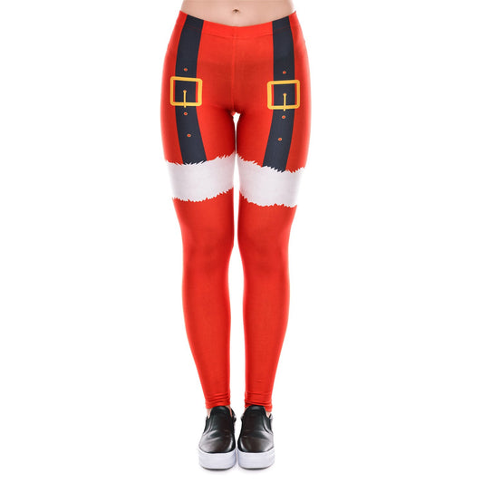 Color Block Middle Waist Women Red Christmas Skinny Leggings