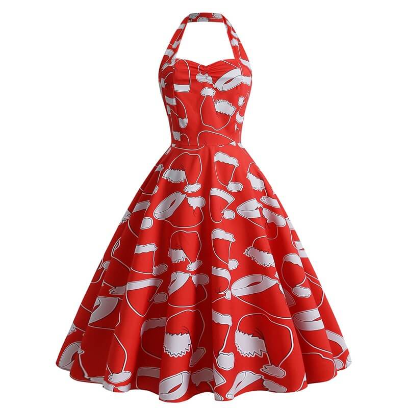 Retro Christmas Print Sweetheart Halter Dress