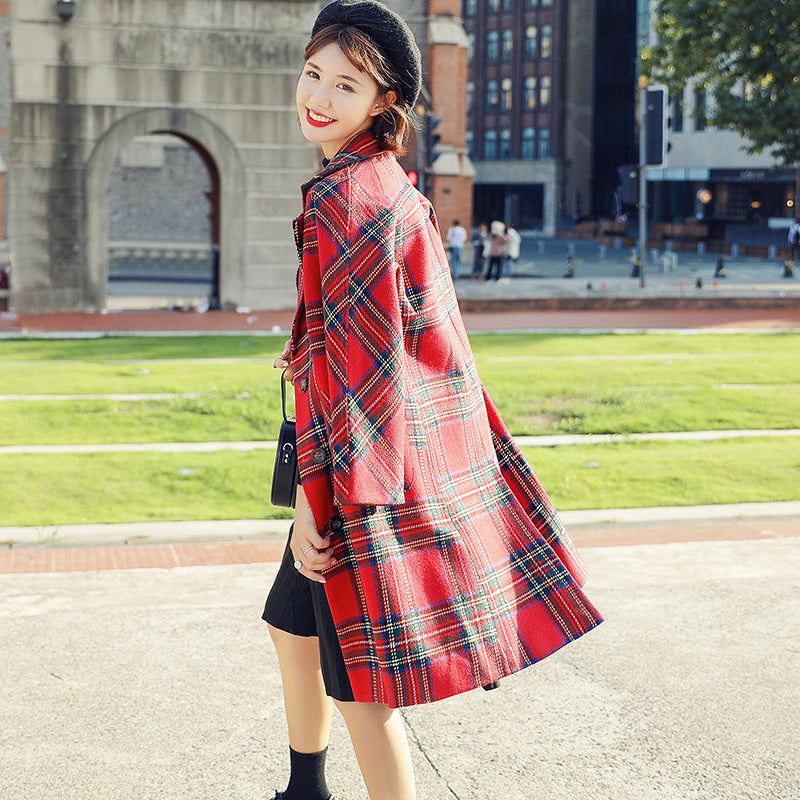 Lapel Collar Plaid Women Oversized Peacoat Coat