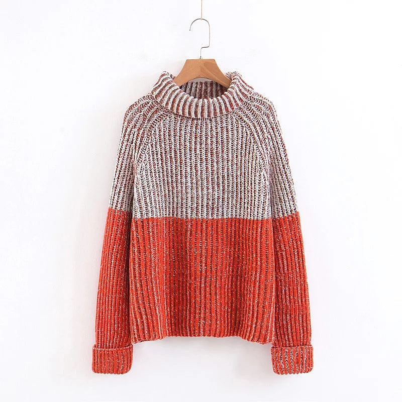 High Neck Color Patchwork Curl Long Sleeves Loose Women Sweater