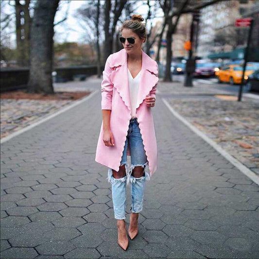 Lapel Solid Color Women Loose Oversized Pink Cardigan Coat