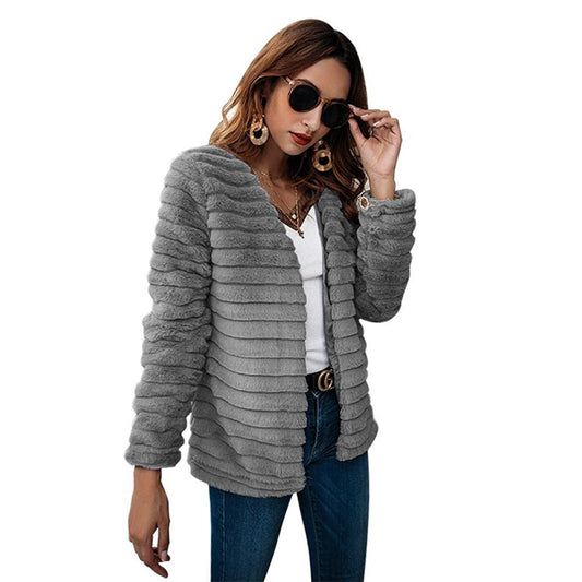 Faux Fur Stripe Solid Color Women Teddy Coat