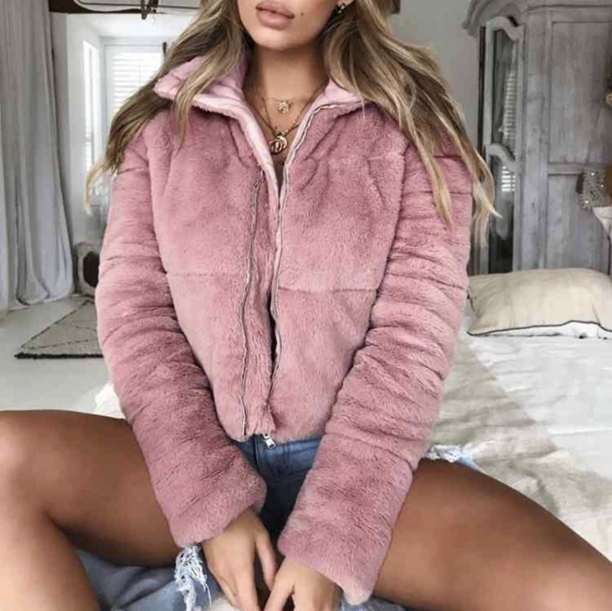 Lapel Zipper Faux Fur Women Short Teddy Coat