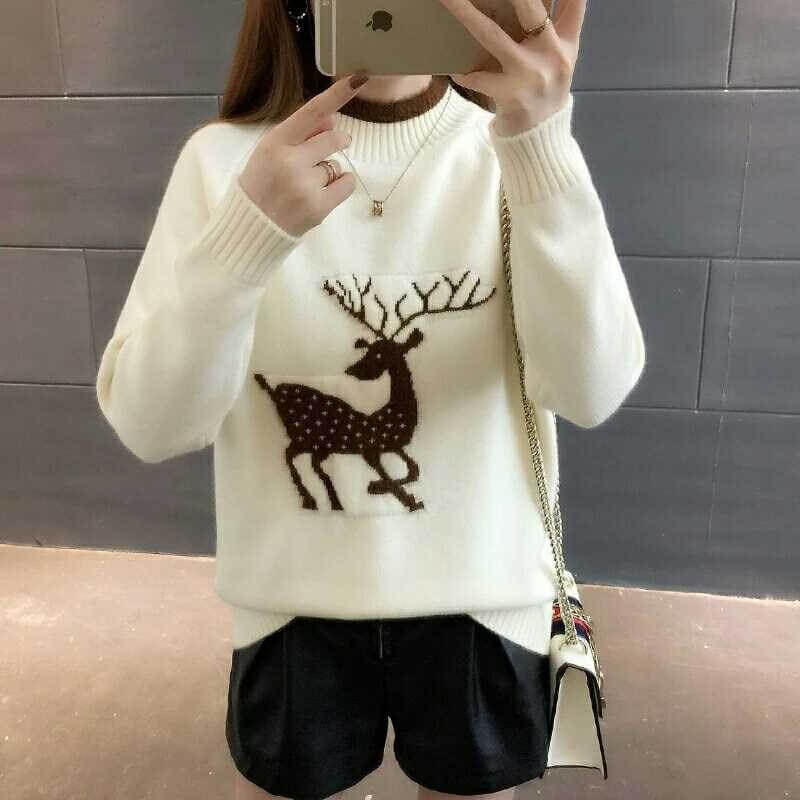 Reindeer Pure Color Mock Neck Sweater