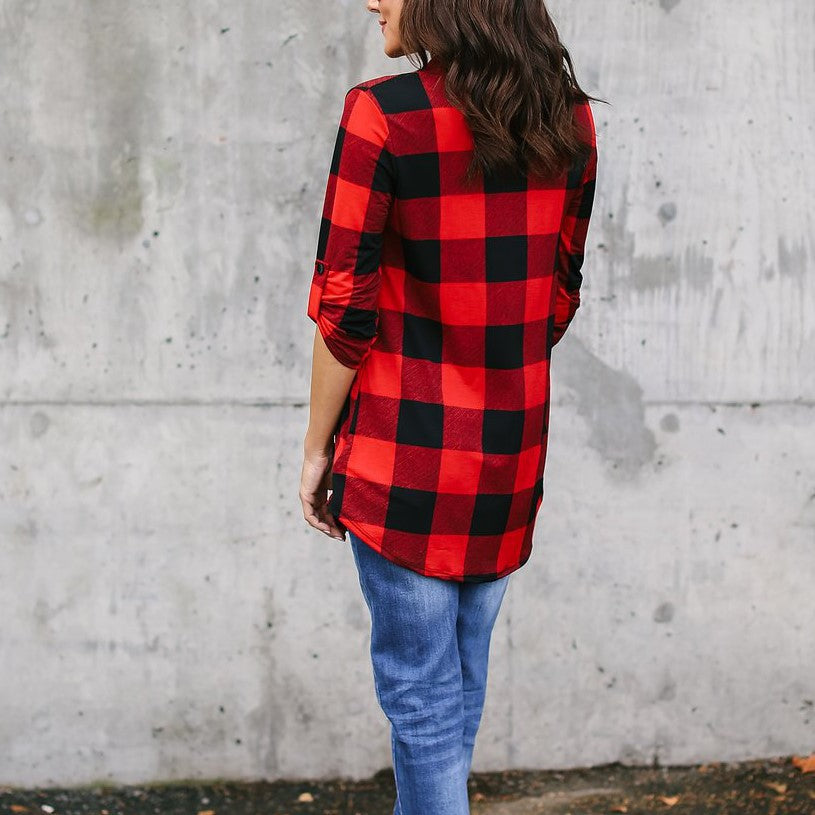 V-neck Plaid Loose Long Sleeves Long Blouse