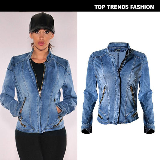 Stand Collar Zipper Women Motorcycle Short Denim Jacket