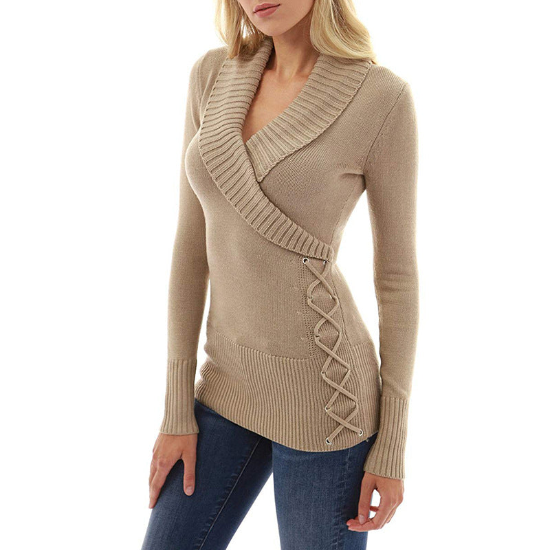 V-neck Wrapped Solid Long Women Slim Long Sweater
