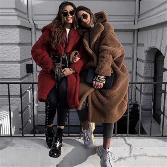 Warm Faux Fur Lapel Collar Oversized Women Teddy Coat