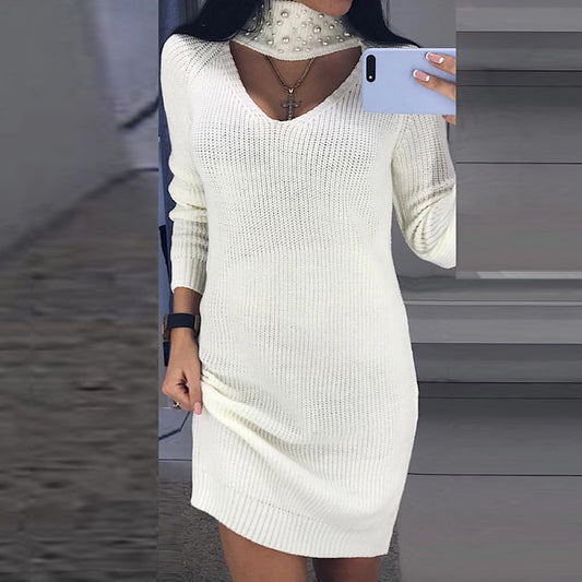 Turtleneck Beads Hollow Out Women Pullover Oversized Sweater Dress