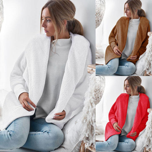 Pure Color Lapel Women Cardigan Hooded Oversized Teddy Coat