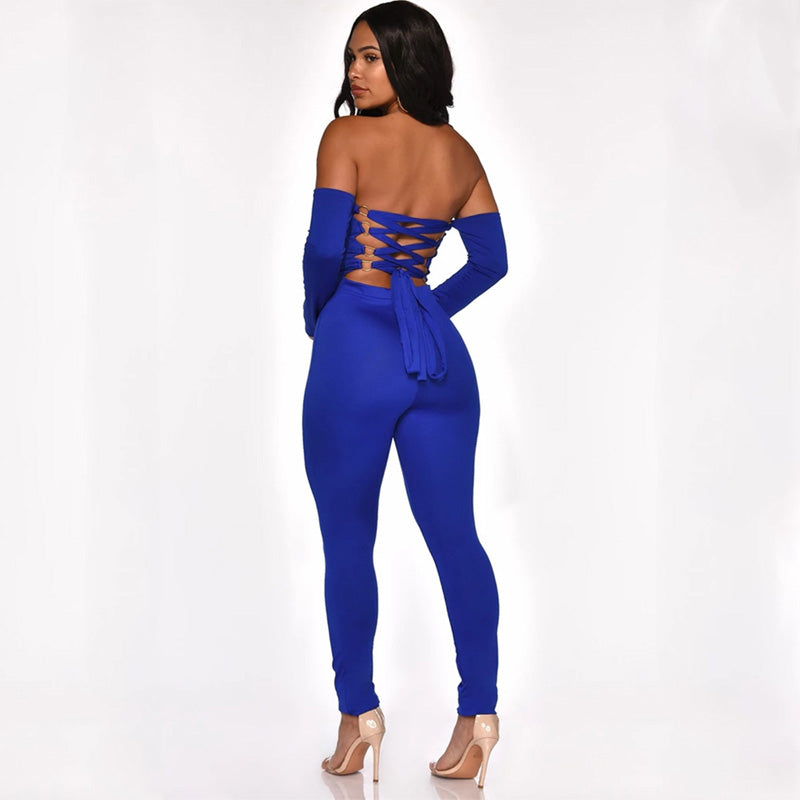 Blue Long Sleeves Bodycon Strapless Skinny Bandage Jumpsuits