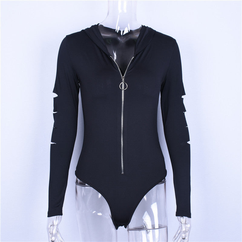 Slim Long Sleeves V-neck Pure Color Zipper Hooded Short Jumpsuits