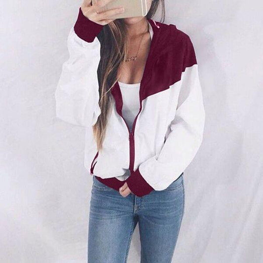 Color Block Patchwork Zipper Women Hooded Coat