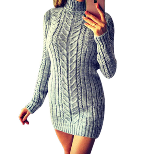 High Neck Cable Knitwear Women Oversized Long Sweater