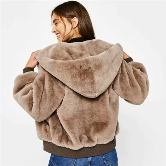 Faux Fur Pockets Solid Color Short Teddy Hooded Coat