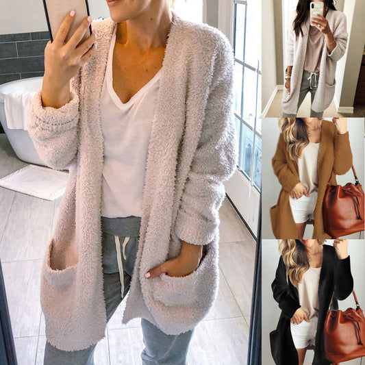 Solid Color Two Pockets Women Loose Oversized Cardigan Coat