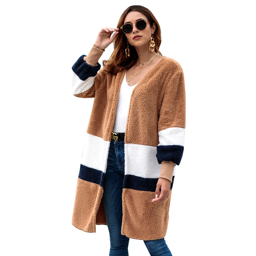 Plush Stripe Color Patchwork V-neck Long Women Cardigan Sweater