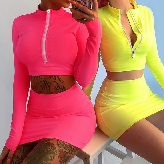 Bright Candy Color Zipper Crop Top with Short Skirts Two Pieces Dress Set