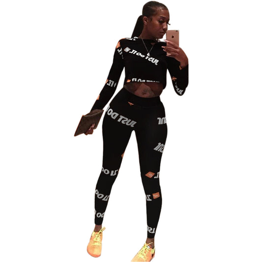 Letter Print Crop with High Waist Long Skinny Leggings Women Two Pieces Sports Set