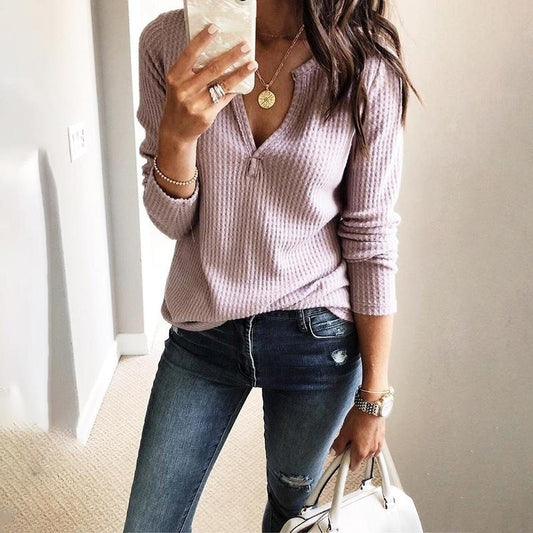 V-neck Knitwear Solid Color Women Slim Sweater