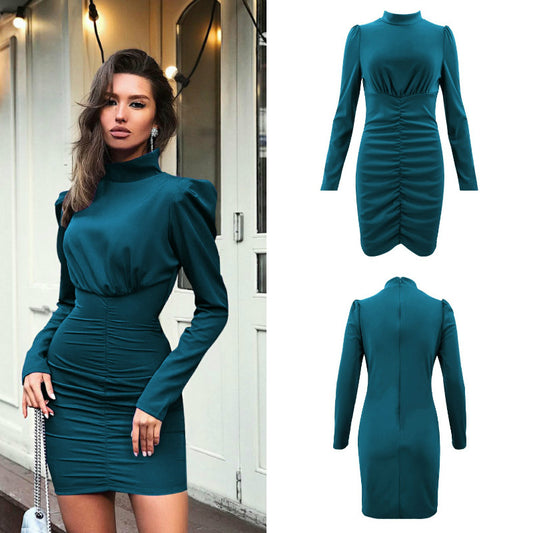 Turtleneck Empire Waist Ruched Dress