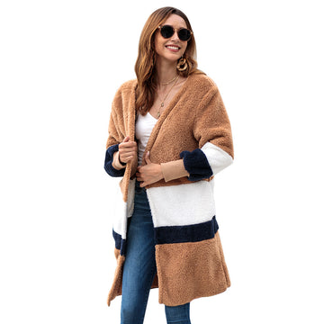 Plush Stripe Color Patchwork V-neck Long Women Cardigan Sweater