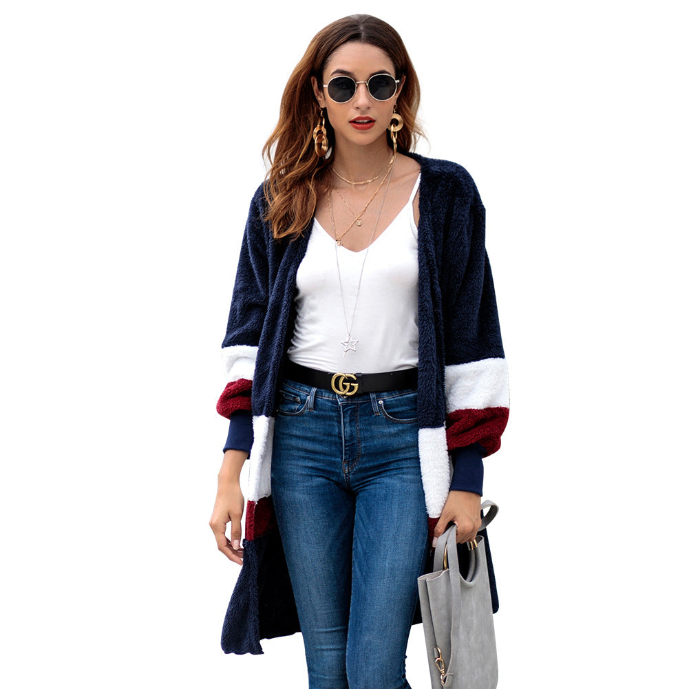 Plush Stripe Color Patchwork V-neck Long Women Cardigan Sweater