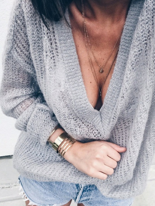 Deep V-neck Loose Thin Long Women Pullover Sweaters