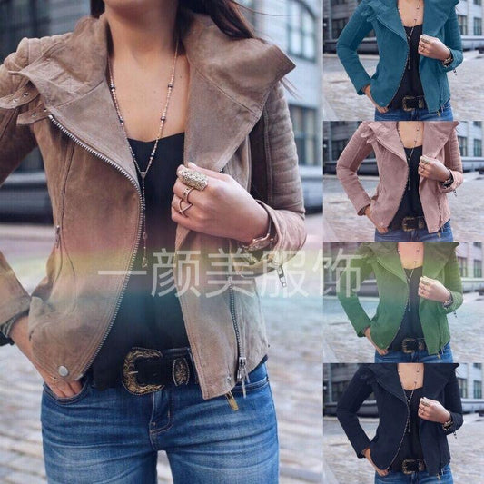 Solid Color Lapel Zippers Women Slim Short Jacket with Plus Size