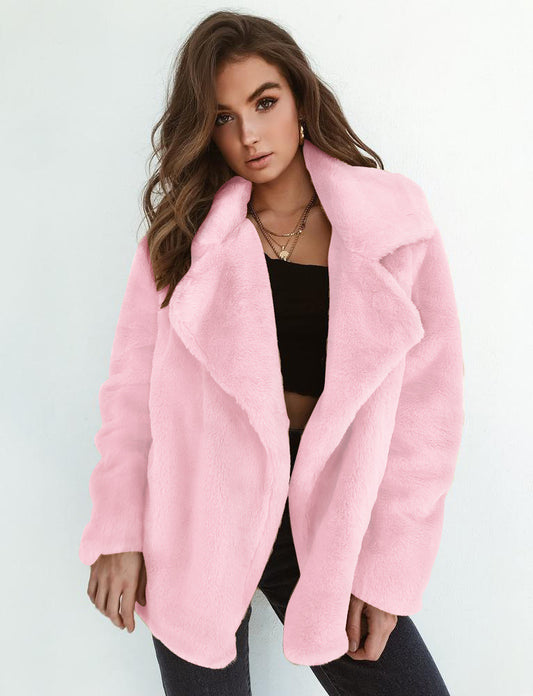 Lapel Collar Open Warm Solid Color Women Winter Short Teddy Coat