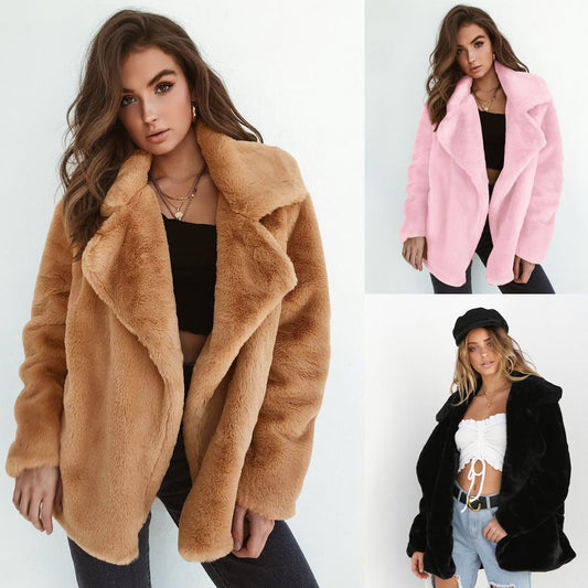 Lapel Collar Open Warm Solid Color Women Winter Short Teddy Coat