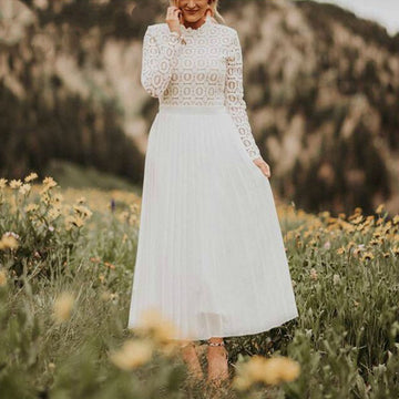 Turtleneck Lace Splice Pleated Maxi Dress