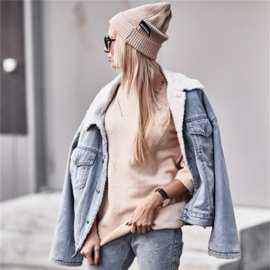 Retro Lapel Faux Fur Women Loose Denim Coat