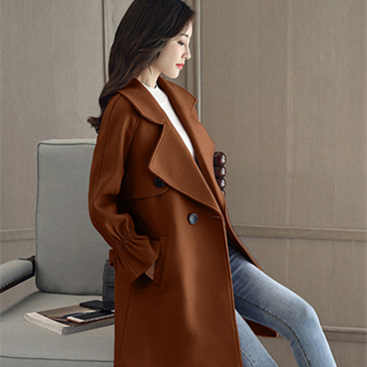 Lapel V-neck Long Trumpet Sleeves Oversized Women Coat with Belt on