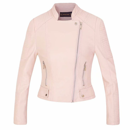 Stand Collar Lapel Oblique Zipper Women Slim Cropped Motorcycle Jacket