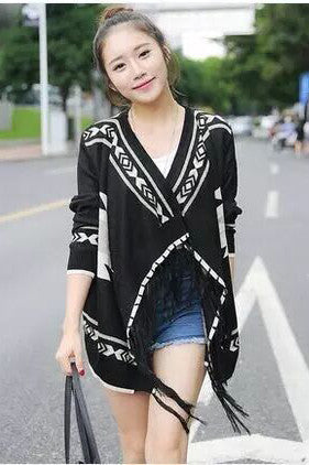 V-neck Pure Color Long Sleeves Geometry Print Cardigan