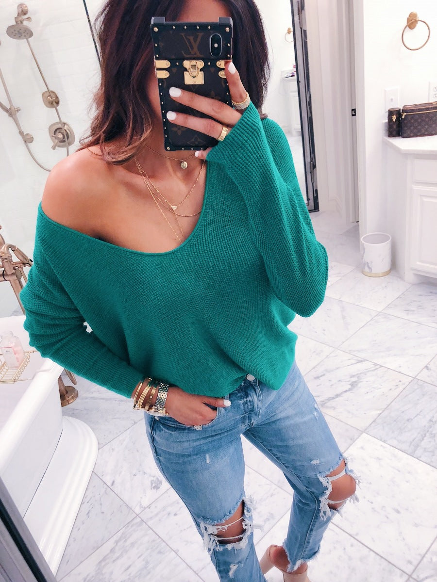 Deep V-neck Big Neckline Solid Candy Color Women Loose Sweater