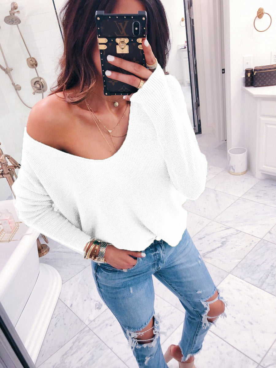 Deep V-neck Big Neckline Solid Candy Color Women Loose Sweater