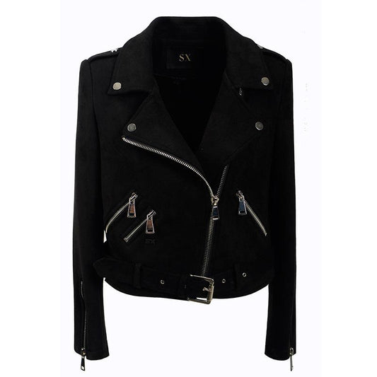 Hasp Zippers Lapel Oblique Zipper Slim Women Short Punk Jacket with Belt