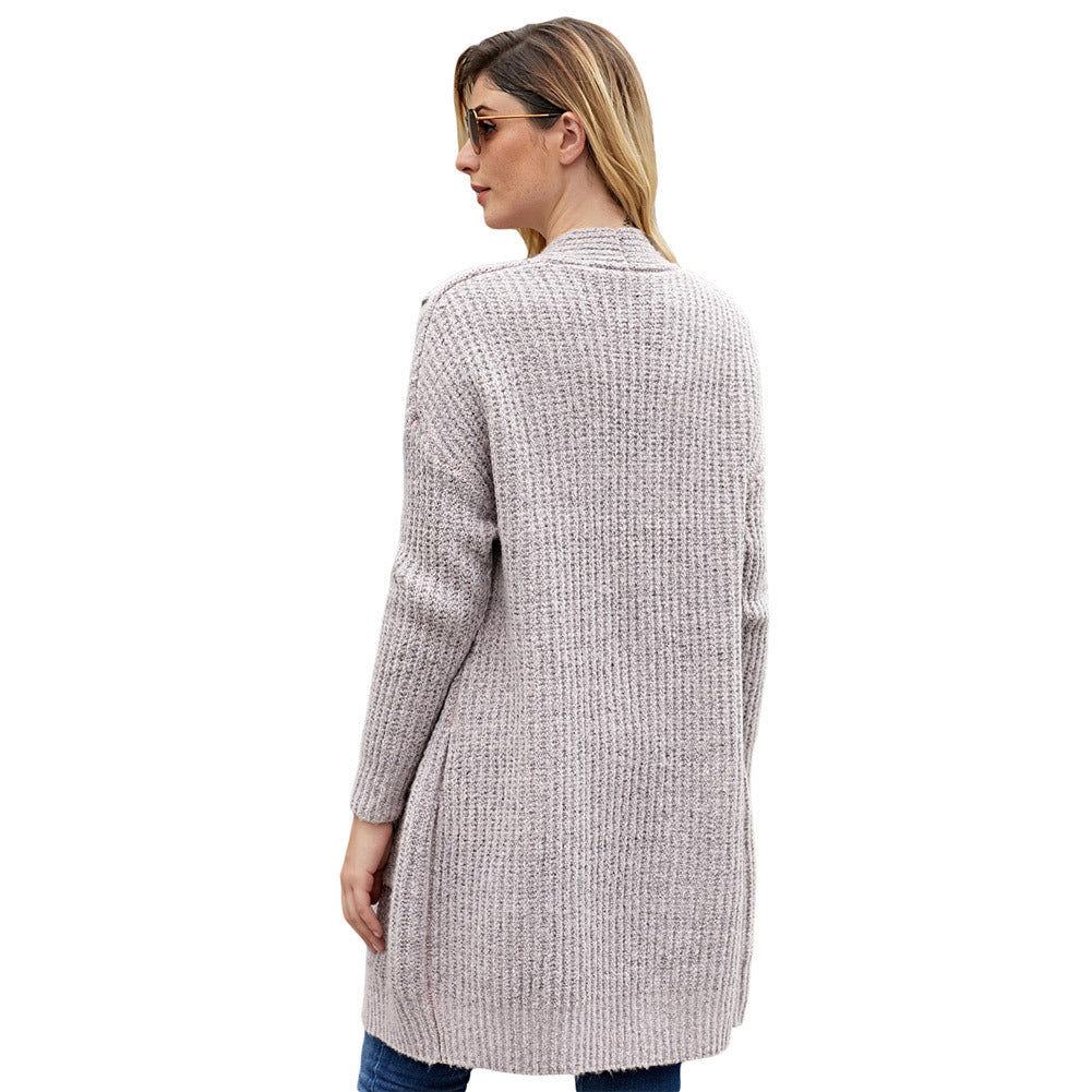 Solid Color Cable Knit Pockets Long Women Caridgan Sweater