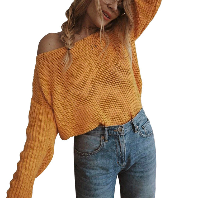 Boat Neck Bare Shoulder Solid Color Women Pullover Sweater