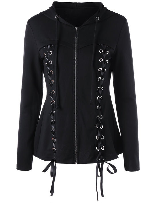 Bandage Lace-up Zipper Solid Color Women Hooded Slim Coat