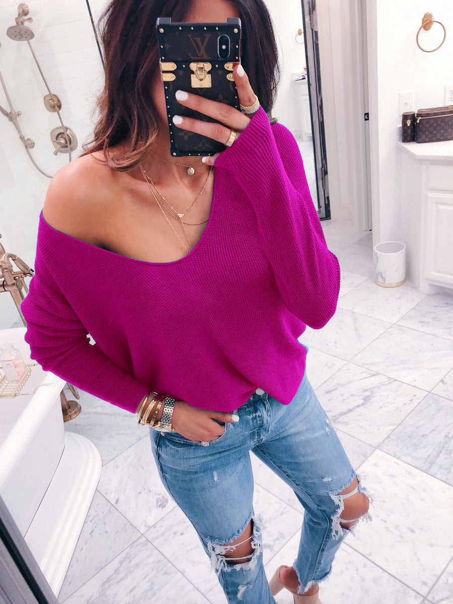 Deep V-neck Big Neckline Solid Candy Color Women Loose Sweater