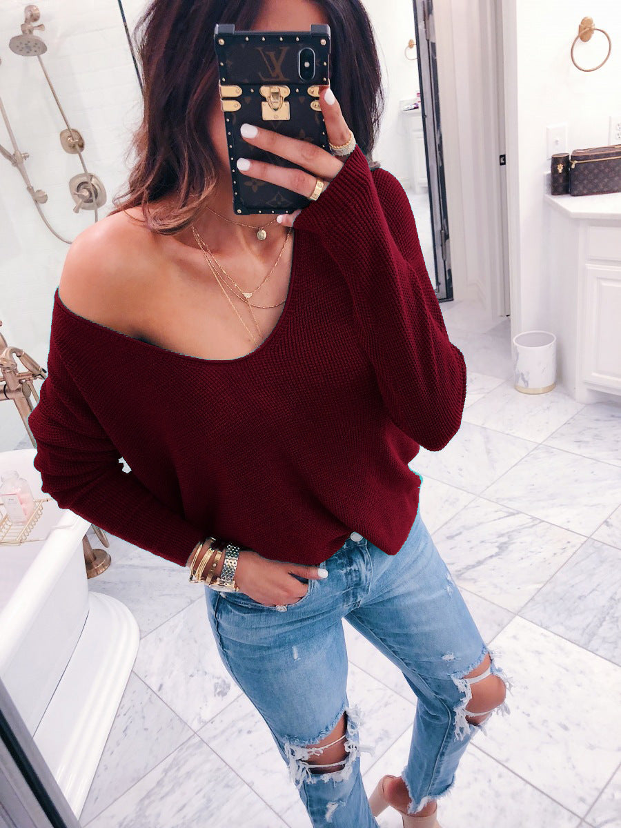 Deep V-neck Big Neckline Solid Candy Color Women Loose Sweater