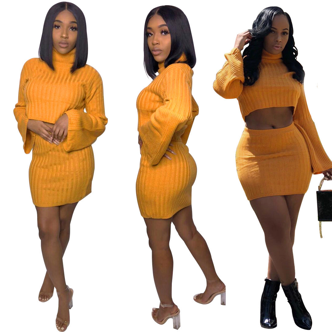 Bright Color Turtleneck Long Trumpet Sleeve with High Waist Short Skirt Two Pieces Set